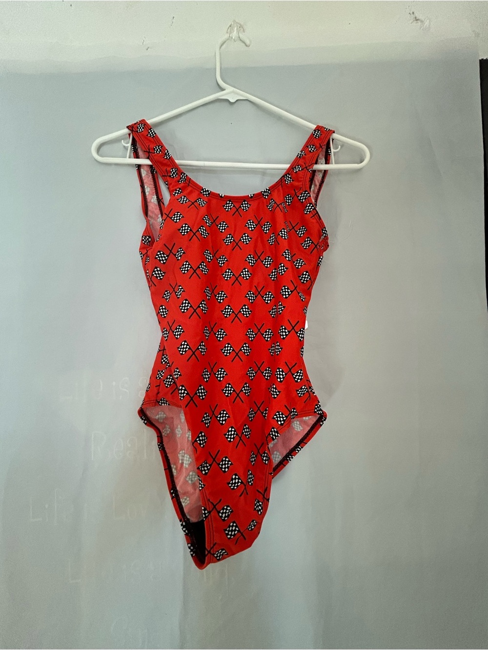 Aliana Swim Red One-Piece Swimwear with Racing Flag Print - Women's Swim Sz MNWW